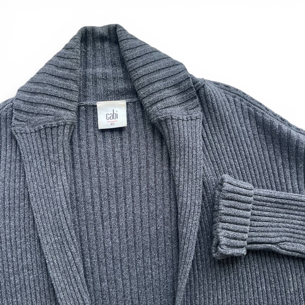 Cabi XS Women Gray Ribbed Zip Front V-Neck Oversized Cosmo Sweater Cardigan 3366